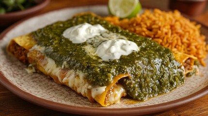 Wall Mural - A plate of enchiladas suizas, topped with green salsa, crema, and melted cheese, served with rice and beans