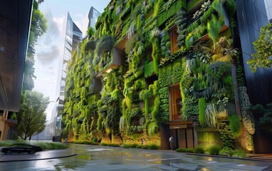 Wall Mural - Vertical planting of ancient plants enhances modern city design, showcasing harmony between nature and urban architecture