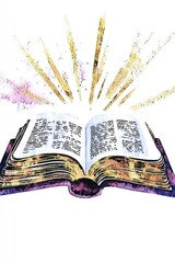 Open Holy Bible with Divine Light Watercolor Illustration