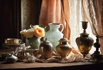 timeless family heirlooms bathed soft natural light showcasing elegant textures rich colors, antique, vintage, decoration, glow, silhouette, display