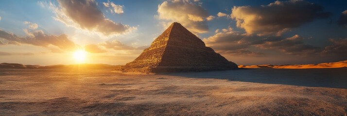 A towering ancient pyramid stands majestically as the sun sets, casting long shadows and illuminating the desert landscape with warm golden hues