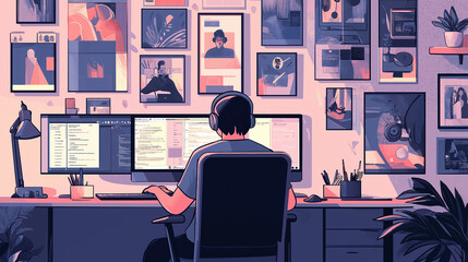 Poster - Programmer working from home office with two monitors coding all day long