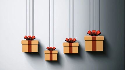 Wall Mural - Four Hanging Gift Boxes with Red Ribbons