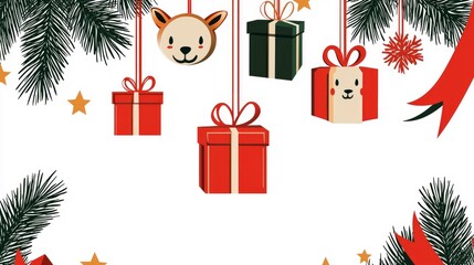 Poster - Christmas Ornaments with Presents and Pine Branches