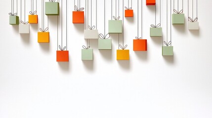 Canvas Print - Colorful Gift Boxes Hanging on Strings Against White Background