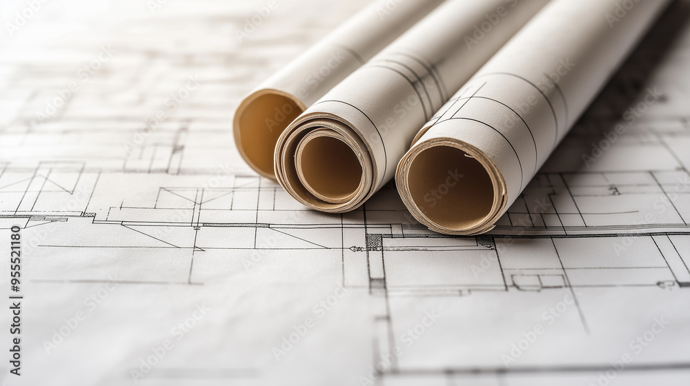 Architectural blueprints showing floor plan with three rolls lying on ...