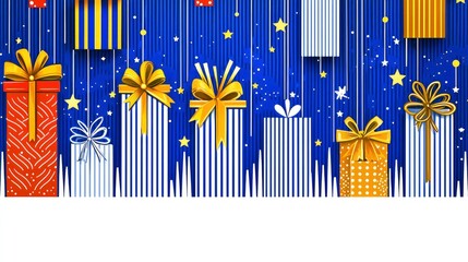 Festive Gift Boxes Hanging on Blue Striped Background