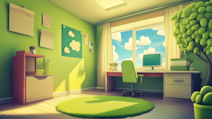 Poster - Sunny green home office interior with desk and big window
