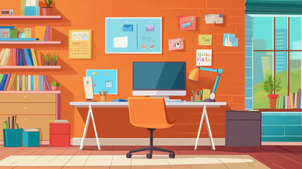 Poster - Modern home office interior with workplace desk, computer and bookshelves in cartoon style