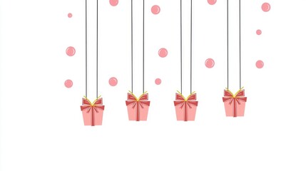 Sticker - Pink Gift Boxes Hanging with Pink Bubbles on White Background