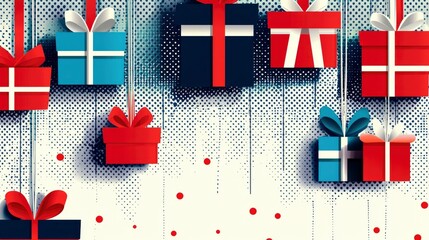 Wall Mural - Festive Gift Boxes Hanging on a White Background with Red and Blue Decorations