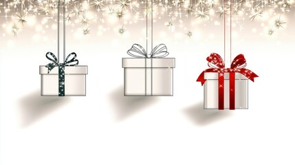 Wall Mural - Festive Gift Boxes Hanging with Glittering Background