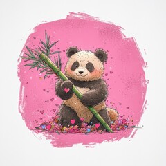 Poster - Cute Panda Holding Bamboo in a Field of Flowers