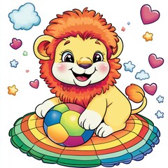 Poster - Cute Lion Cub Playing with Ball on Rainbow Rug