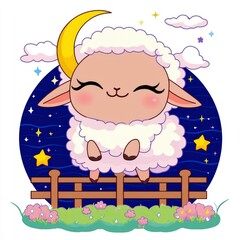 Poster - Cute Cartoon Sheep Sleeping Under a Crescent Moon