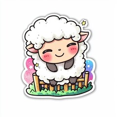 Wall Mural - Cute Cartoon Lamb Sitting on a Fence