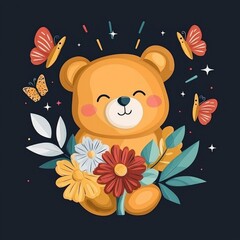 Sticker - Cute Teddy Bear Surrounded by Flowers and Butterflies