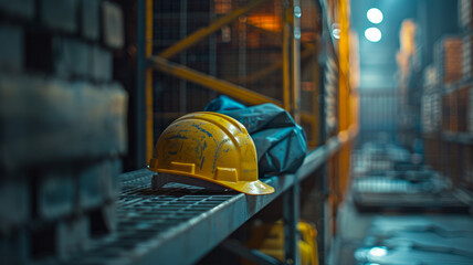 Yellow hard hat and equipment in an industrial warehouse.