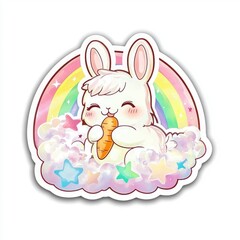 Sticker - Cute Bunny Eating a Carrot in a Rainbow Cloud