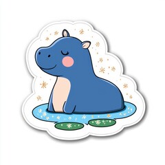 Sticker - Cute Cartoon Hippopotamus in a Pond with Water Lily Pads