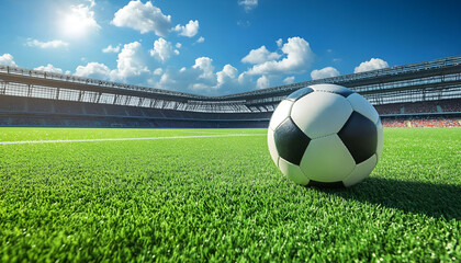 Wall Mural - soccer ball on the green field in soccer stadium