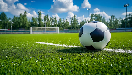 Wall Mural - soccer ball on the green field in soccer stadium