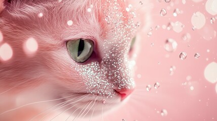 Poster - a close-up view of a pink cat adorned with sparkles and droplets against a soft pink background