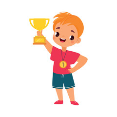 Wall Mural - Boy Character Winner with Award Goblet Do Sport Vector Illustration