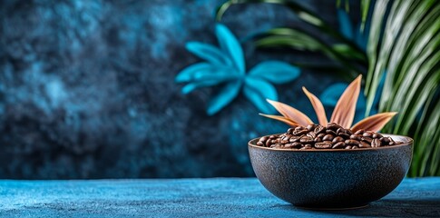 A close-up of a bowl of coffee beans surrounded by a blue flower, showing an appreciation of coffee