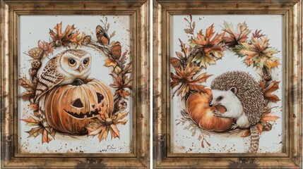 Wall Mural - a cute owl and hedgehog in a pumpkin