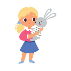 Sticker - Girl Character Play Toy Fluffy Bunny Vector Illustration