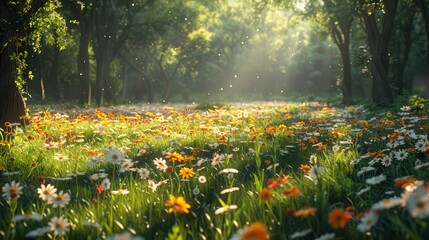 Poster - Sunlit Wildflower Meadow in a Lush Forest