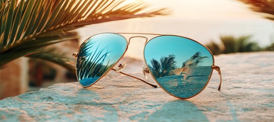 Wall Mural - Summer vibes background, a close-up of sunglasses on a wooden table with palm branches, copy space