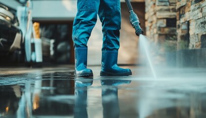 Close up of a man in blue overalls power washing a driveway for a cleaning company service