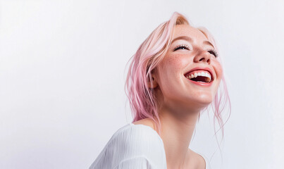 beautiful pretty young woman pink hair style in white clothes posing on white background, pretty cute candid beauty portrait, natural look, emotional smiling