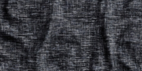 Seamless trendy monochrome grey denim jeans background texture overlay. Closeup detail of worn and distressed faded black linen or canvas fabric pattern. Fashion textile background 3D rendering.