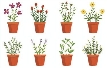 Wall Mural - Colorful watercolor houseplant pot with flowers blooming in spring and summer, clipart collection set isolated on white