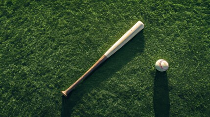 Top view of baseball equipment  bat and ball resting on a lush green grass field