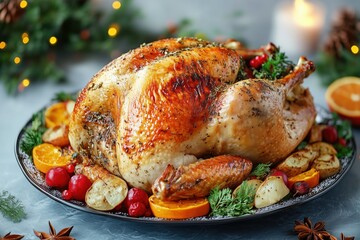 Wall Mural - Delicious roasted turkey and vegetables with herbs and spices on a festive table for thanksgiving dinner