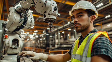 Wall Mural - Industrial Engineer Programming Robotic Arm in Manufacturing Plant