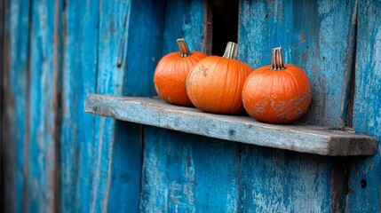 Canvas Print - The background of this picture represents a Halloween home decoration concept with an orange pumpkin and a smiling Jack-O-Lantern carved into it on rustic wooden shelves