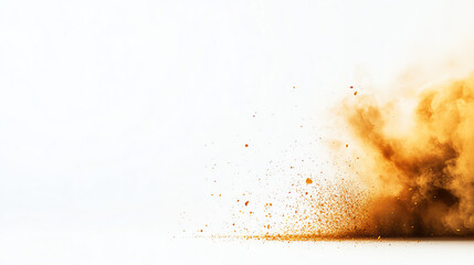 Abstract image of brown powder explosion against a clean white background, capturing dynamic energy and motion.