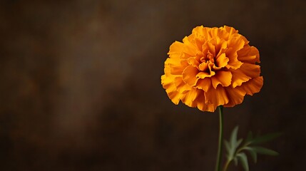 A single orange marigold, vividly contrasting with a dark brown background