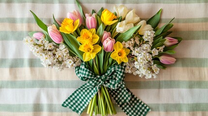 A spring bouquet for a garden party with yellow daffodils, pink tulips, and white cherry blossoms, tied with a green gingham ribbon