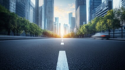 Close up clean empty road on modern office of city building buildings. 