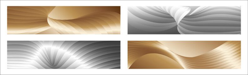 Wall Mural - Wavy silver and gold parallel gradient lines, ribbons, silk. Set of 4 backgrounds. Black and white with shades of gray or golden silk. Banner, poster. eps vector