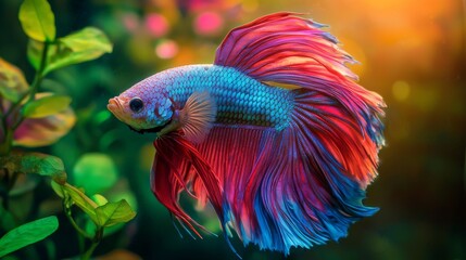 Wall Mural - Male Siamese Fighting Fish or Betta fish swimming in beautiful aquarium decorated with aquatic plants surrounded by neon gradients of blue, pink, and purple