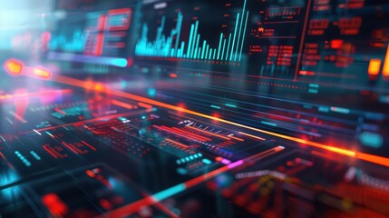 Poster - A vibrant digital interface showcasing data analytics with glowing graphics and charts, representing modern technology.