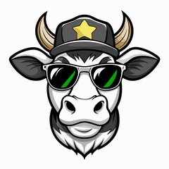 Sticker - Vector Art Cow Head with Cap and Sunglasses in Black & White