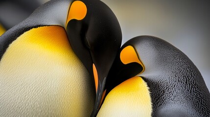 Heartwarming romantic scene of two penguin birds kissing and making a heart shape on their heads